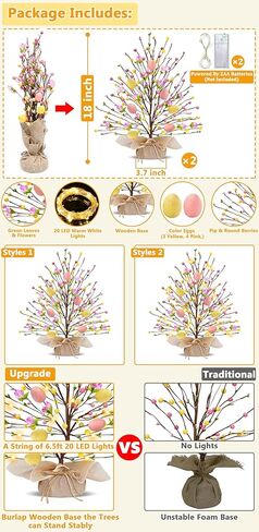 2 Pack & Timer - Easter Decorations, 18 Inch Lighted Easter Tree Tabletop with 20 LED Warm White Lights Pastel Eggs Floral Berries Battery Operated Easter Egg Tree Home Indoor Table Party Spring Decor in Saudi Arabia