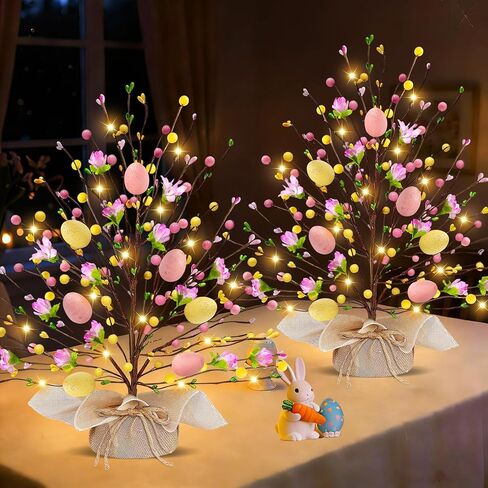 2 Pack & Timer - Easter Decorations, 18 Inch Lighted Easter Tree Tabletop with 20 LED Warm White Lights Pastel Eggs Floral Berries Battery Operated Easter Egg Tree Home Indoor Table Party Spring Decor in Saudi Arabia
