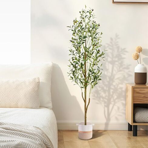 Waipfaru Artificial Olive Tree, 6FT Tall Faux Olive Trees with Planter & Basket, Artificial Plants Indoor with Natural Wood Trunk and Realistic Fruits for Home Decor Office Living Room in Saudi Arabia
