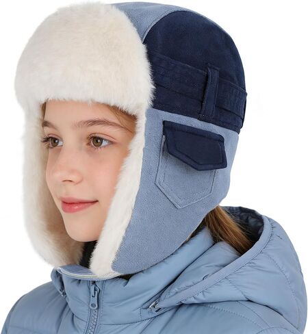Clobeau Kids Boy Girl Winter Trapper Hat Faux Fur Ushanka Earflap Cap Hat Ski Snowboarding Warm Cycling Ear Flaps Hats in Saudi Arabia