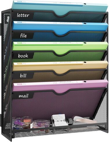 Hanging Wall File Organizer for Wall Mounted Mail Paper Folder Holder Document Organization Stand Desk File Organizer Tray for Office & Home Cubicle Countertop 6 Tier Black in Kuwait