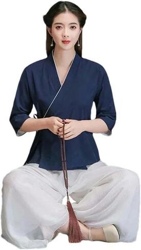 Tai Chi Chinese Style Zen Summer mid-Sleeved Casual Shirt Tied Cotton Linen Hanfu Kung Fu top Sports V-Neck in Saudi Arabia