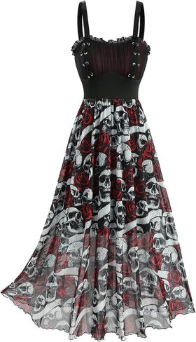DRESSFO Women Gothic Skull Rose Dress Grommet Lace Up Ruched Ruffles A-Line Tank Midi Dress in Saudi Arabia