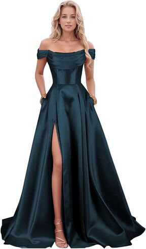 ALFEICE Satin Prom Dresses with Slit Strapless A Line Corset Ball Gowns Off Shoulder Formal Evening Gowns with Pockets in Saudi Arabia