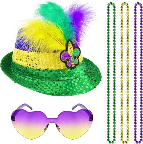 Hikkcos Mardi Gras Hat Sequin Fedora Hat Purple Yellow Green Mardi Gras Costume Accessories Headwear Parade Outfit in Saudi Arabia