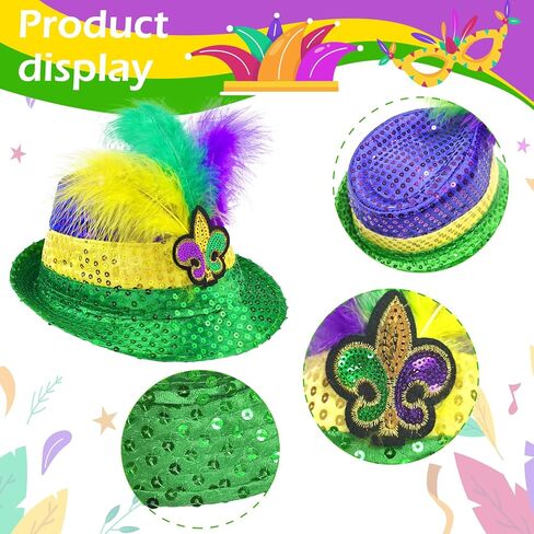 Hikkcos Mardi Gras Hat Sequin Fedora Hat Purple Yellow Green Mardi Gras Costume Accessories Headwear Parade Outfit in Saudi Arabia