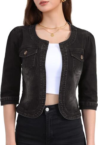 Allegra K Denim Jacket for Women's Collarless 2024 Cardigan Chest Pockets 3/4 Sleeve Crop Jean Jackets in Saudi Arabia