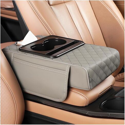 Car Armrest Cushion, 5-in-1 Nappa Leather Vehicle Centre Console Cover with 2 Storage Pockets, Cup Phone & Phone Holder, Multifunctional Auto Organiser Accessories, Universal Fit (Black) in Saudi Arabia