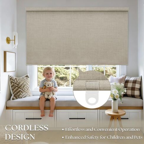 ستائر تعتيم دوارة لنافذة غرفة النوم، ستائر لاسلكية بدون أسلاك مع حماية من الأشعة فوق البنفسجية بنسبة 100%، ستائر من الكتان الأسود للحمام الداخلي، نوافذ غرفة المعيشة، دقيق الشوفان البيج 34 بوصة عرض × 72 بوصة ارتفاع in Kuwait