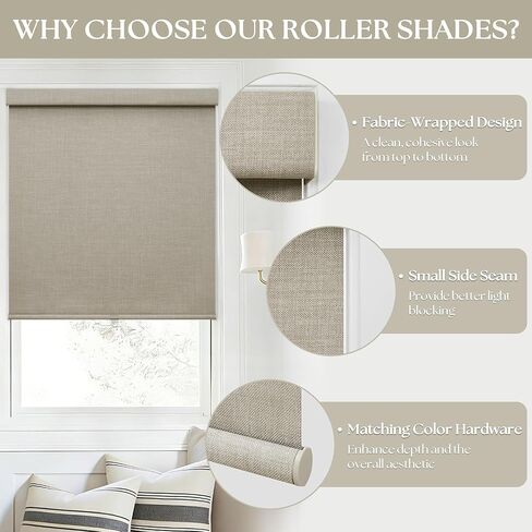 ستائر تعتيم دوارة لنافذة غرفة النوم، ستائر لاسلكية بدون أسلاك مع حماية من الأشعة فوق البنفسجية بنسبة 100%، ستائر من الكتان الأسود للحمام الداخلي، نوافذ غرفة المعيشة، دقيق الشوفان البيج 34 بوصة عرض × 72 بوصة ارتفاع in Kuwait