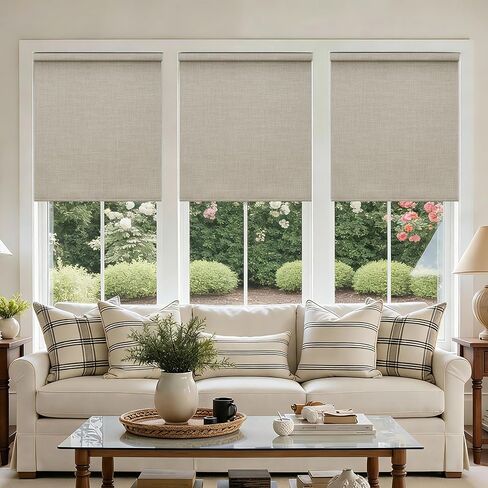 ستائر تعتيم دوارة لنافذة غرفة النوم، ستائر لاسلكية بدون أسلاك مع حماية من الأشعة فوق البنفسجية بنسبة 100%، ستائر من الكتان الأسود للحمام الداخلي، نوافذ غرفة المعيشة، دقيق الشوفان البيج 34 بوصة عرض × 72 بوصة ارتفاع in Kuwait