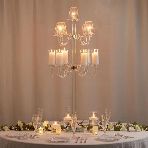 Efavormart Crystal Glass Floor Candelabra – 11-Arm Candle Holder for Taper & Tealight Candles, Classic Ribbed Empire & Cylinder Lampshades, Elegant 50" Tall Centerpiece for Weddings & Events in Saudi Arabia