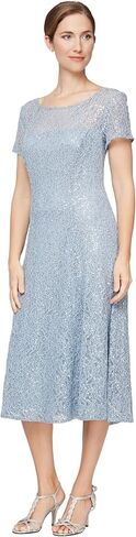 S.L. Fashions Women's Tea Length Cap Sleeve Sequin Lace A-Line Dress, Steel Blue in Kuwait