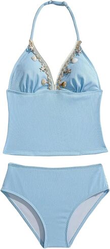 Verdusa Girl's 2 Piece Tankini Swimsuits Shell Halter Tops Bikini Set with Thong Beachwear Vacation Outfits in Saudi Arabia