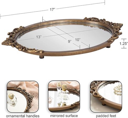Kate and Laurel Arendahl Vintage Oval Mirrored Decorative Tray; 17 x 10; Antique Gold; Traditional Ottoman Tray for Living Room Home Decor with Ornate Detailing in Saudi Arabia