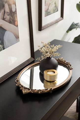 Kate and Laurel Arendahl Vintage Oval Mirrored Decorative Tray; 17 x 10; Antique Gold; Traditional Ottoman Tray for Living Room Home Decor with Ornate Detailing in Saudi Arabia