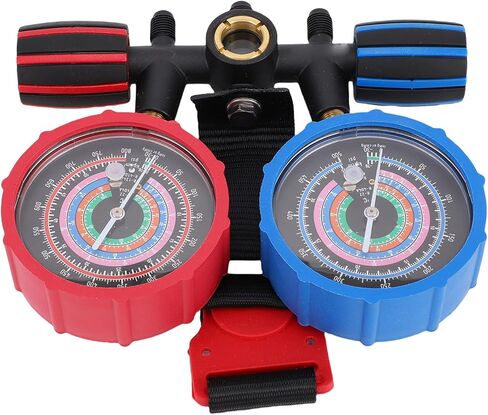 مجموعة مقاييس متعددة من سبائك الألومنيوم، مقياس الضغط العالي والمنخفض، مقياس مشعب تبريد التيار المتردد مع برغي معايرة لمحول قارنات خراطيم R134 R22 R410A R404 in Kuwait