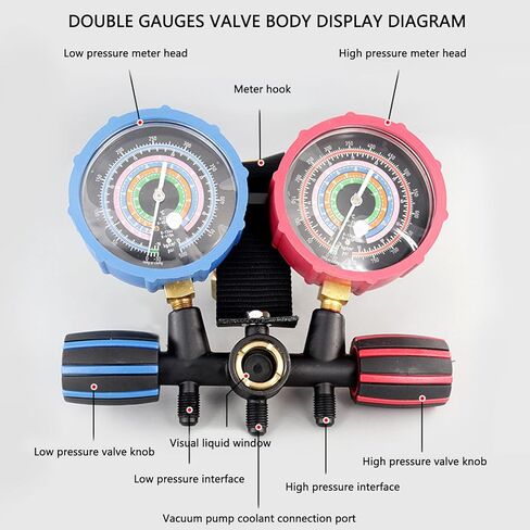 مجموعة مقاييس متعددة من سبائك الألومنيوم، مقياس الضغط العالي والمنخفض، مقياس مشعب تبريد التيار المتردد مع برغي معايرة لمحول قارنات خراطيم R134 R22 R410A R404 in Kuwait