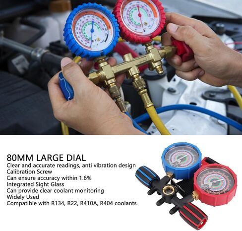 مجموعة مقاييس متعددة من سبائك الألومنيوم، مقياس الضغط العالي والمنخفض، مقياس مشعب تبريد التيار المتردد مع برغي معايرة لمحول قارنات خراطيم R134 R22 R410A R404 in Kuwait