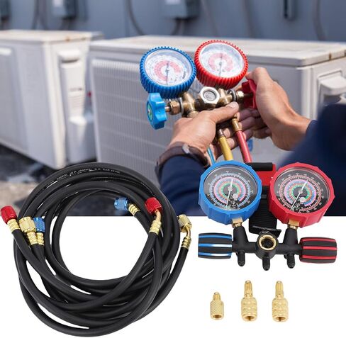 مجموعة مقاييس متعددة من سبائك الألومنيوم، مقياس الضغط العالي والمنخفض، مقياس مشعب تبريد التيار المتردد مع برغي معايرة لمحول قارنات خراطيم R134 R22 R410A R404 in Kuwait