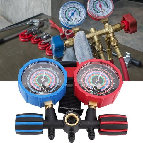 مجموعة مقاييس متعددة من سبائك الألومنيوم، مقياس الضغط العالي والمنخفض، مقياس مشعب تبريد التيار المتردد مع برغي معايرة لمحول قارنات خراطيم R134 R22 R410A R404 in Kuwait