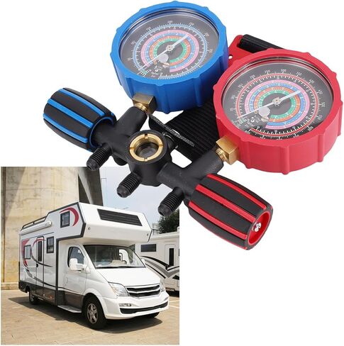 مجموعة مقاييس متعددة من سبائك الألومنيوم، مقياس الضغط العالي والمنخفض، مقياس مشعب تبريد التيار المتردد مع برغي معايرة لمحول قارنات خراطيم R134 R22 R410A R404 in Kuwait