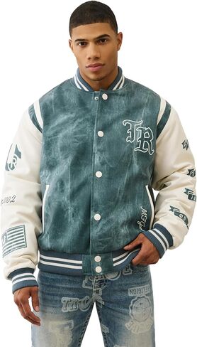 True Religion Denim Print Retro Varsity Jacket for Men – Streetwear Men’s Jacket with Embroidery & Patch Details in Saudi Arabia