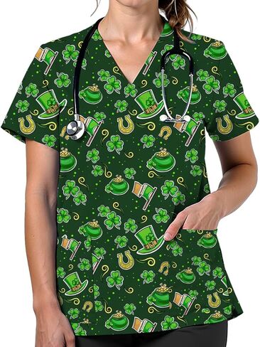 Scrubs for Women V Neck Cute Printed Scrub Tops Women Nurse Shirt Soft Casual Uniform with 2Pockets in Saudi Arabia