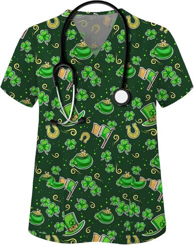 Scrubs for Women V Neck Cute Printed Scrub Tops Women Nurse Shirt Soft Casual Uniform with 2Pockets in Saudi Arabia