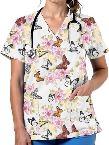 Scrubs for Women V Neck Cute Printed Scrub Tops Women Nurse Shirt Soft Casual Uniform with 2Pockets in Saudi Arabia