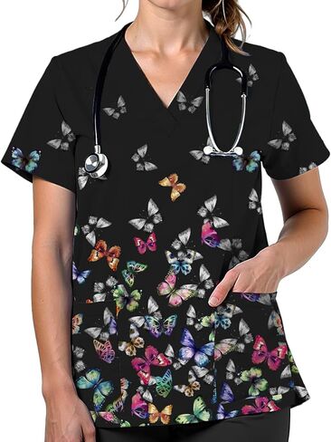 Scrubs for Women V Neck Cute Printed Scrub Tops Women Nurse Shirt Soft Casual Uniform with 2Pockets in Saudi Arabia