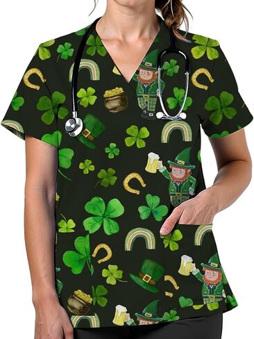 Scrubs for Women V Neck Cute Printed Scrub Tops Women Nurse Shirt Soft Casual Uniform with 2Pockets in Saudi Arabia
