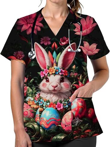 Scrubs for Women V Neck Cute Printed Scrub Tops Women Nurse Shirt Soft Casual Uniform with 2Pockets in Saudi Arabia