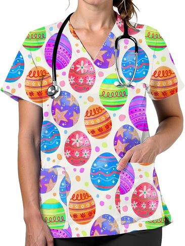 Scrubs for Women V Neck Cute Printed Scrub Tops Women Nurse Shirt Soft Casual Uniform with 2Pockets in Saudi Arabia