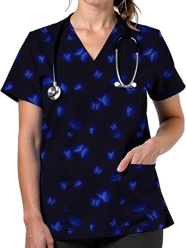 Scrubs for Women V Neck Cute Printed Scrub Tops Women Nurse Shirt Soft Casual Uniform with 2Pockets in Saudi Arabia