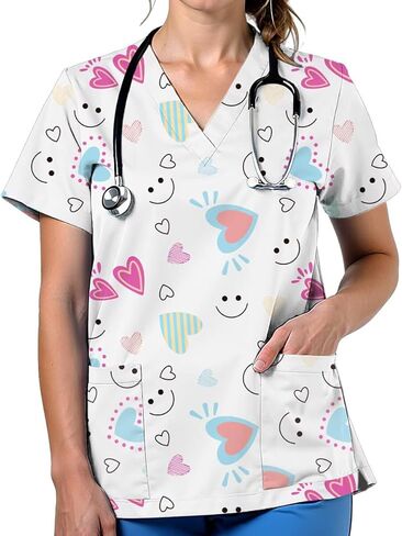 Scrubs for Women V Neck Cute Printed Scrub Tops Women Nurse Shirt Soft Casual Uniform with 2Pockets in Saudi Arabia