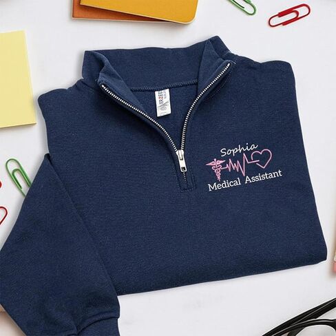 Chillever Personalized Embroidered Medical Assistant Quarter Zip Sweatshirt, Custom MA Top with Name on Arm, Certified MA Graduation Present, Medical Assistant School Gifts, Fresh MA Clothing in Saudi Arabia