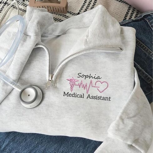 Chillever Personalized Embroidered Medical Assistant Quarter Zip Sweatshirt, Custom MA Top with Name on Arm, Certified MA Graduation Present, Medical Assistant School Gifts, Fresh MA Clothing in Saudi Arabia