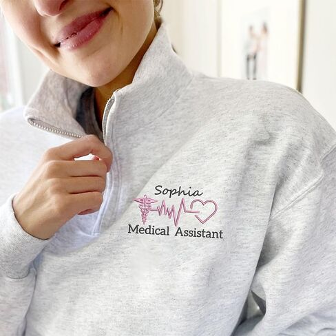 Chillever Personalized Embroidered Medical Assistant Quarter Zip Sweatshirt, Custom MA Top with Name on Arm, Certified MA Graduation Present, Medical Assistant School Gifts, Fresh MA Clothing in Saudi Arabia