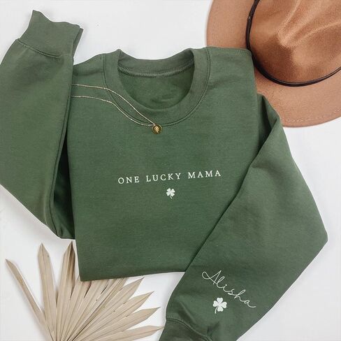 IZI POD Personalized St Patricks Day Mama Sweatshirt, Lucky Shamrock Graphic Mom Crewneck with Kids Names, Irish Gift in Saudi Arabia