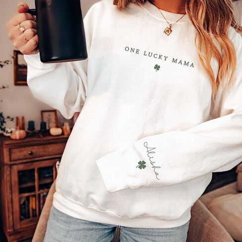 IZI POD Personalized St Patricks Day Mama Sweatshirt, Lucky Shamrock Graphic Mom Crewneck with Kids Names, Irish Gift in Saudi Arabia