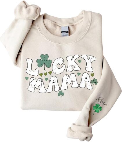 IZI POD Personalized St Patricks Day Mama Sweatshirt, Lucky Shamrock Graphic Mom Crewneck with Kids Names, Irish Gift in Saudi Arabia