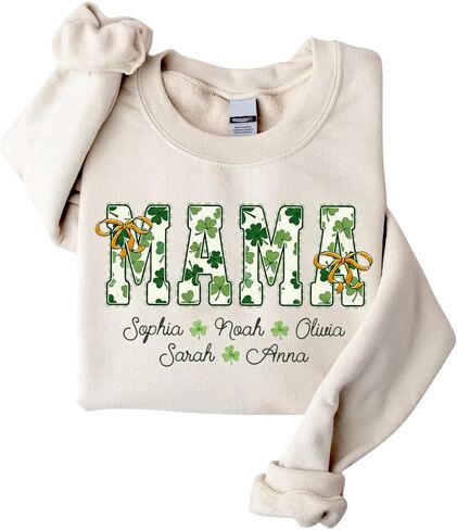IZI POD Personalized St Patricks Day Mama Sweatshirt, Lucky Shamrock Graphic Mom Crewneck with Kids Names, Irish Gift in Saudi Arabia