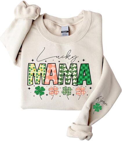 IZI POD Personalized St Patricks Day Mama Sweatshirt, Lucky Shamrock Graphic Mom Crewneck with Kids Names, Irish Gift in Saudi Arabia