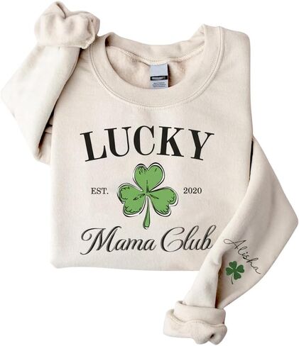 IZI POD Personalized St Patricks Day Mama Sweatshirt, Lucky Shamrock Graphic Mom Crewneck with Kids Names, Irish Gift in Saudi Arabia