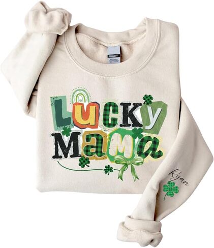 IZI POD Personalized St Patricks Day Mama Sweatshirt, Lucky Shamrock Graphic Mom Crewneck with Kids Names, Irish Gift in Saudi Arabia