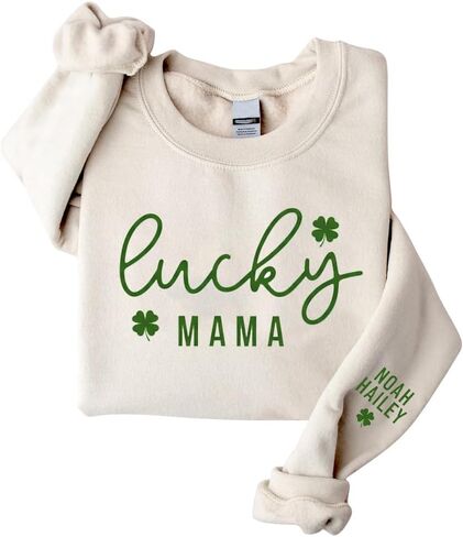 IZI POD Personalized St Patricks Day Mama Sweatshirt, Lucky Shamrock Graphic Mom Crewneck with Kids Names, Irish Gift in Saudi Arabia