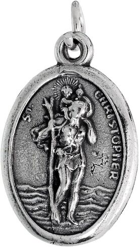 Sterling Silver St Christopher Medal Necklace Oxidized finish Oval 1.8mm Chain in Saudi Arabia