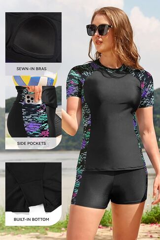 SHEKINI Women's Built in Bra Rash Guard Set 2 Piece Swimsuits with Short Sleeved Top & Boyshort in Saudi Arabia