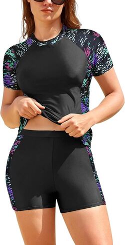 SHEKINI Women's Built in Bra Rash Guard Set 2 Piece Swimsuits with Short Sleeved Top & Boyshort in Saudi Arabia
